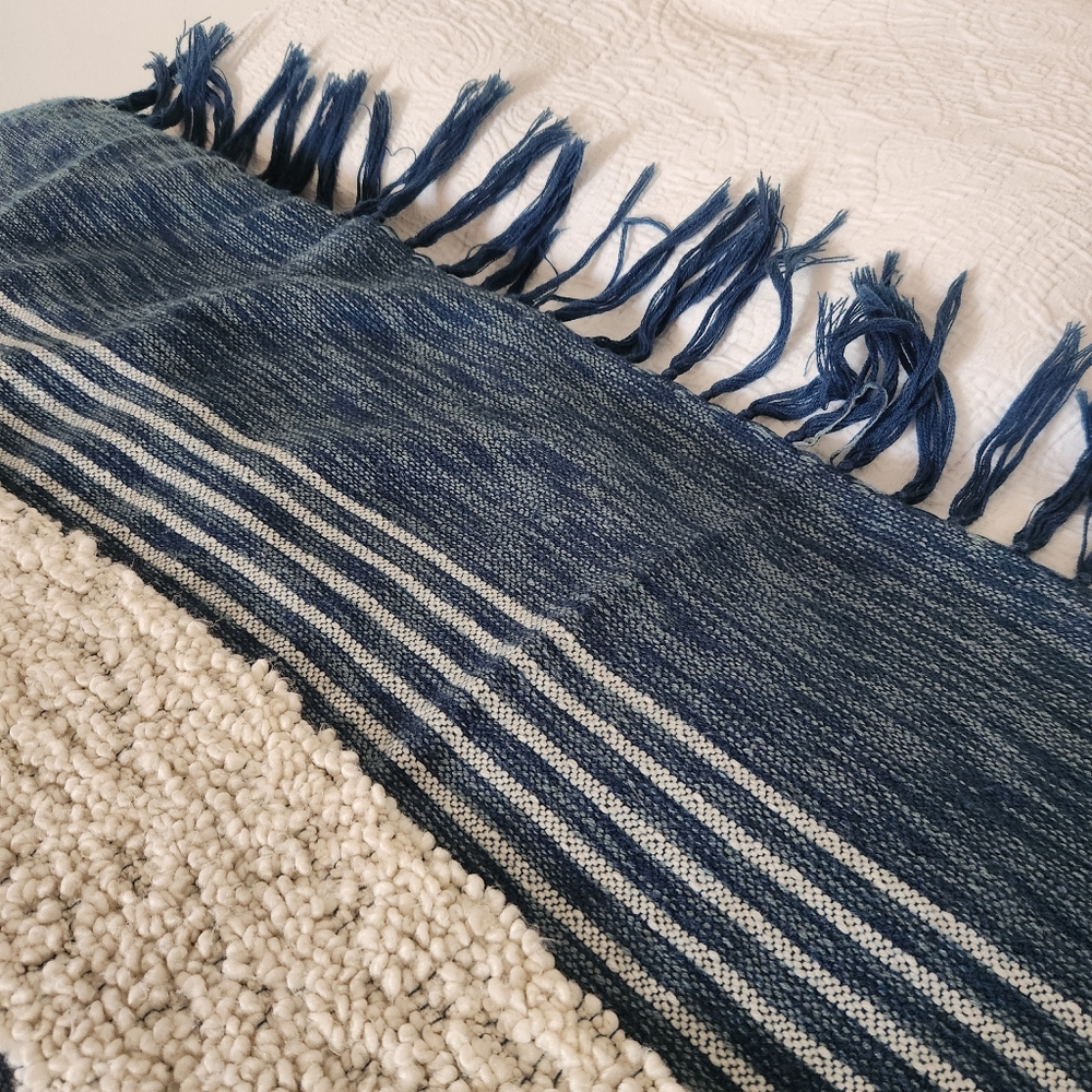 MALAGOON Blanket Throw Blue White Stripes Wool Blend Textured Fringe 59 x 50 - Picture 7 of 11